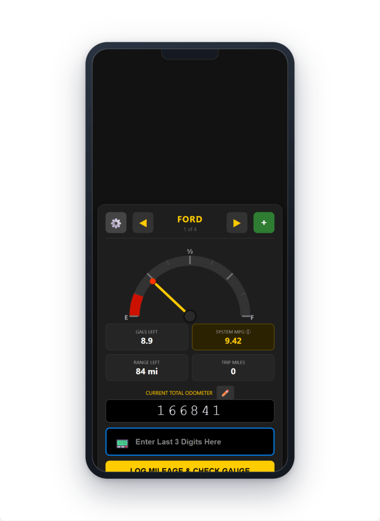 Fuel Gauge home screen showing a dashboard-style gauge with gallons left, system MPG and range remaining