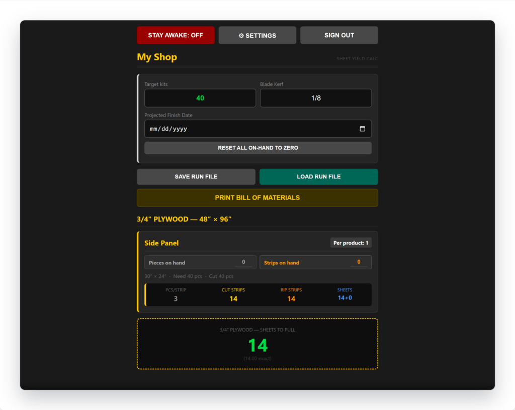 Sheet Yield Calculator showing target kits, blade kerf, strip math per part and the total sheets to pull