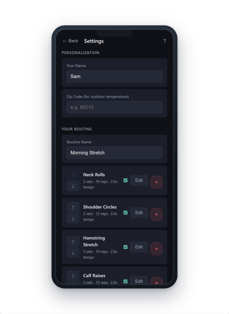 Tempo settings showing a routine list with sets, reps and tempo for each exercise